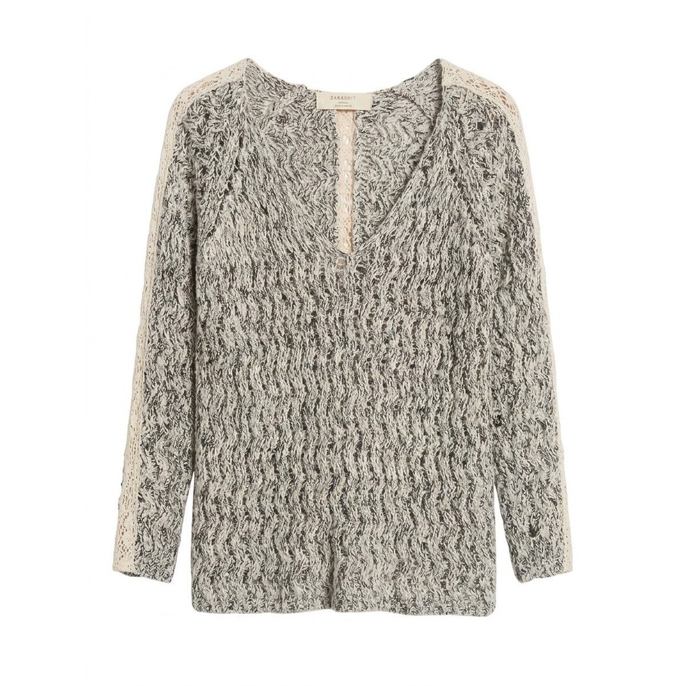 Zara Knit Sweater Womens Small Grey White V-Neck Lace Crochet Trim Boho